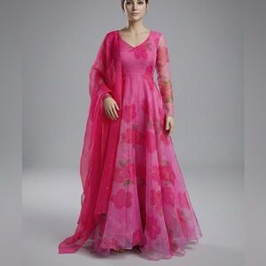 Elegant Pink Floral Women's Dress Anarkali with Dupatta